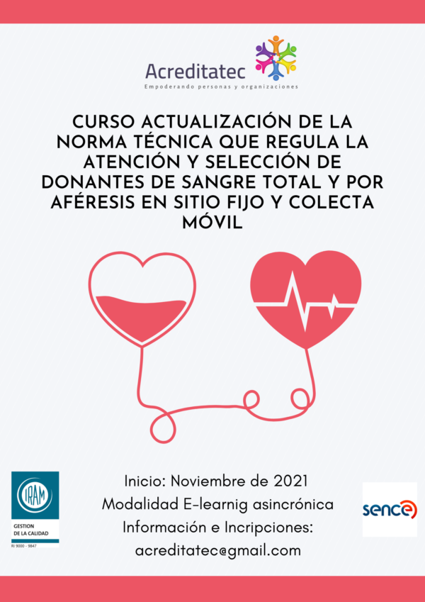 Curso de Actualización Norma Técnica que regula la atención y selección de donantes de sangre total y por aféresis en sitio fijo y colecta móvil